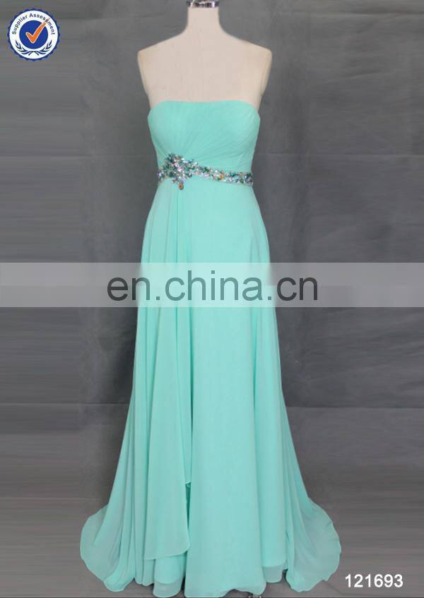 Simple design chiffon sweep train turquoise blue bridesmaid dresses with beaded belt