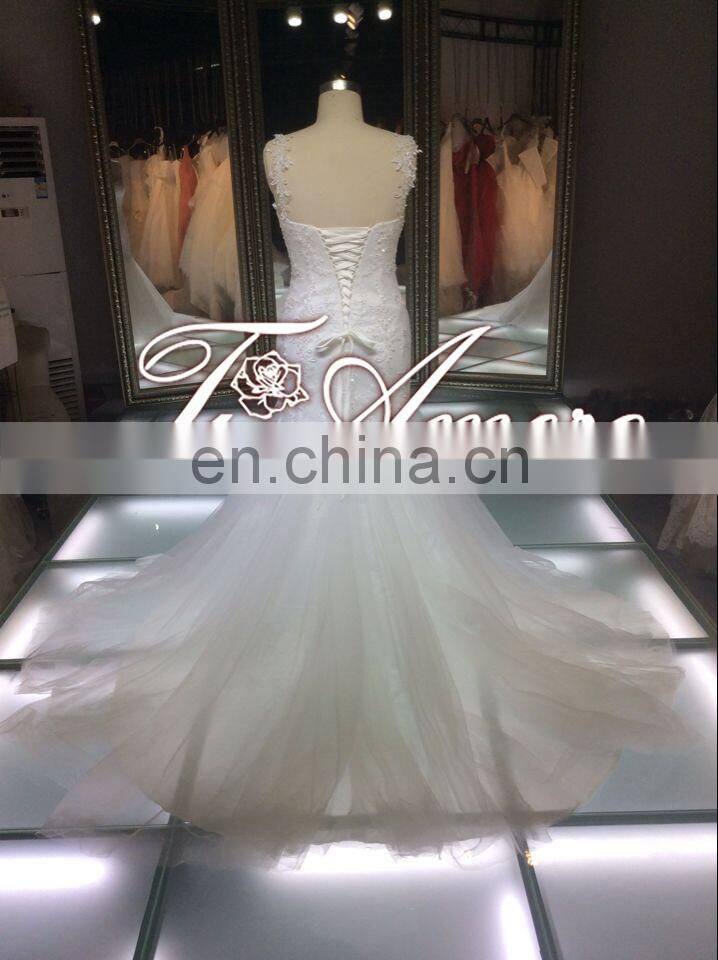1A051cx Charming Lace Up Appliqued Sweetheart Spaghetti Srtaps Floor-lenghti Sweep Train Mermaid Wedding Dress 2016