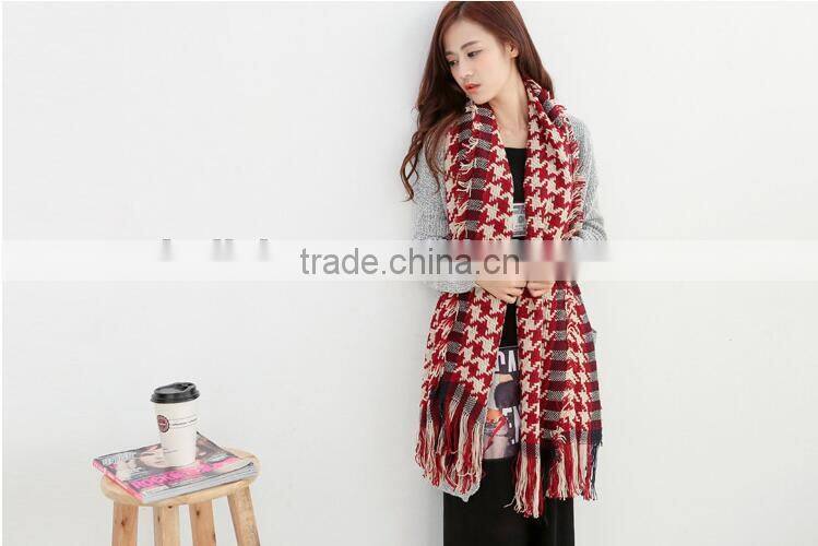 Latest Design Fringed Tassel Houndstooth Jacquard Fashion Woman Cashmere Scarf