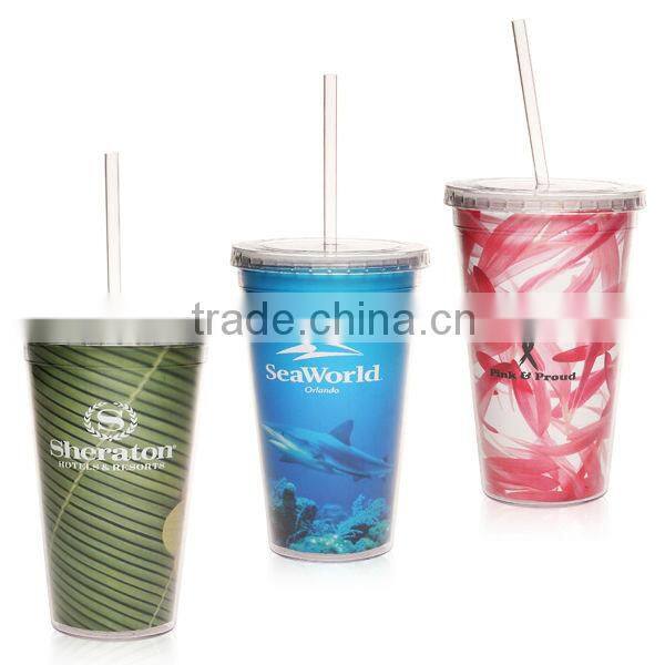 450ml/16oz BPA free plastic double wall tumbler with straw