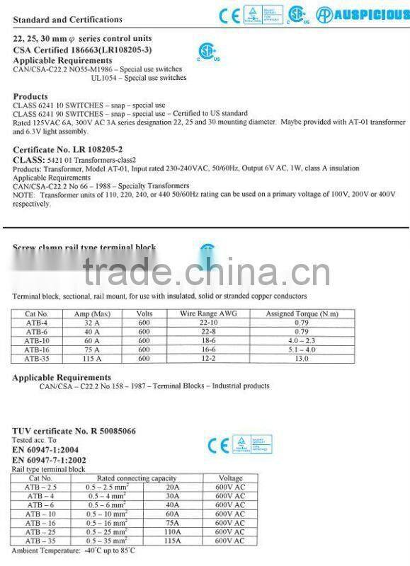 TUV CSA Waterproof Hoist Push Button Pendant Switches (HS)