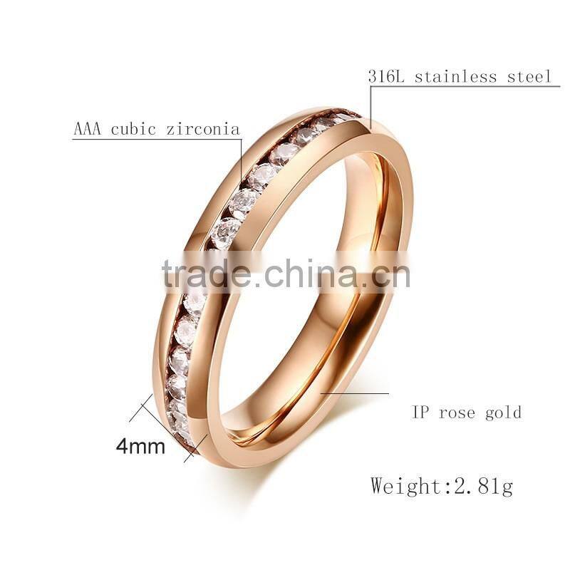 Rose gold 316L Stainless Steel White Cubic Zirconia CZ Eternity Wedding 4MM Band Ring