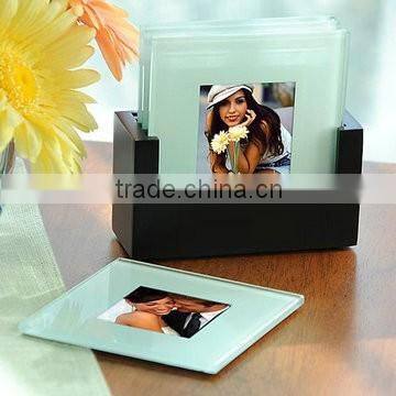 Square wedding favor photo frame heart design glass cup coaster