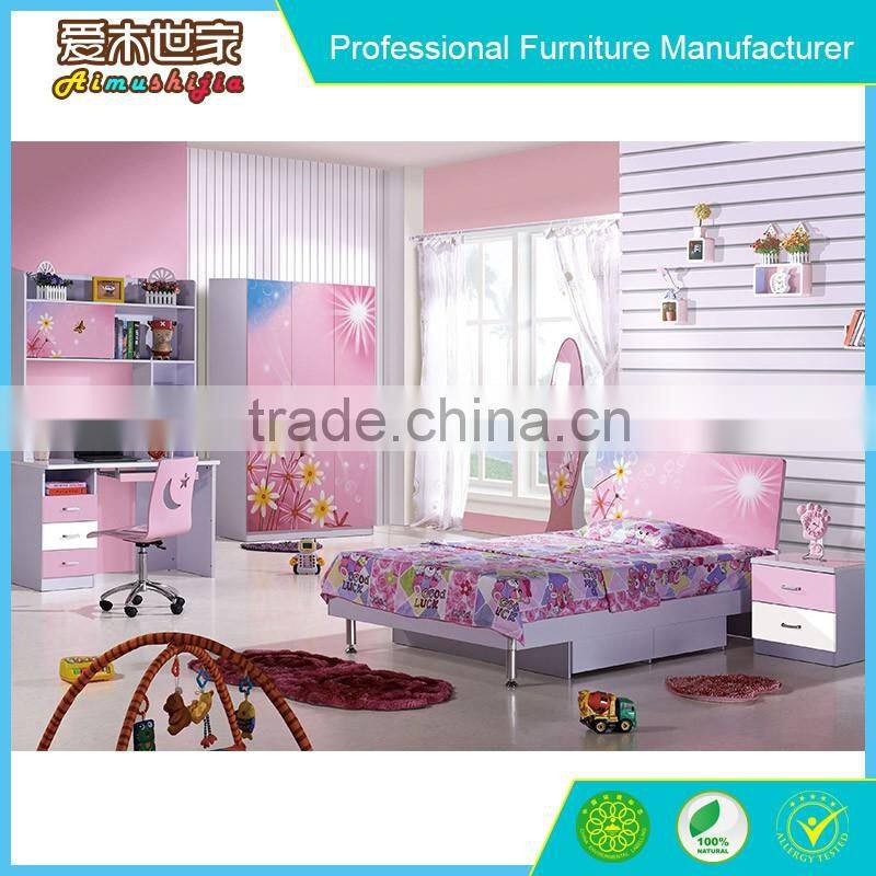 Children MDF wooden single bed with wardrobe bedroom sets