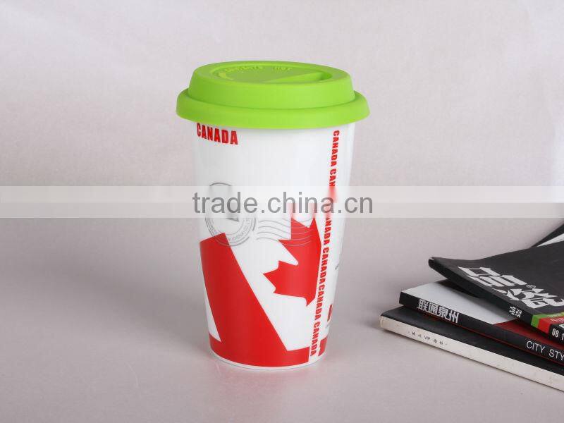 Flag ceramic coffee cup with food grade silicone lid high quality but low price wholesale