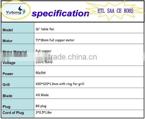 220V/50Hz 16" high quality hot selling malaysia table fan
