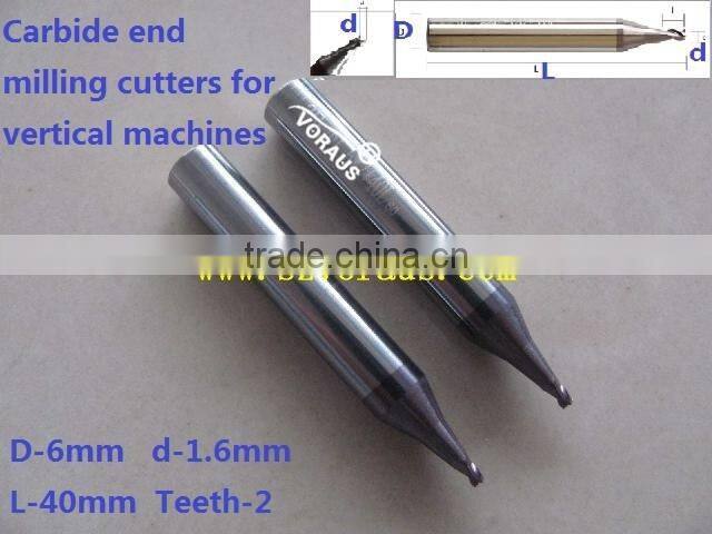 Carbide end milling cutters for vertical machines D-6mm d-1.6mm L-40mm Teeth-2