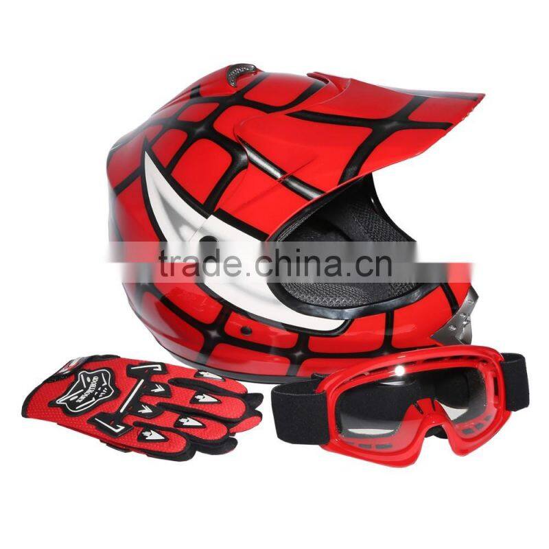 Youth Red Spider Net Dirt Bike Motocross Quads ATV Helmet Goggles+Gloves S M L