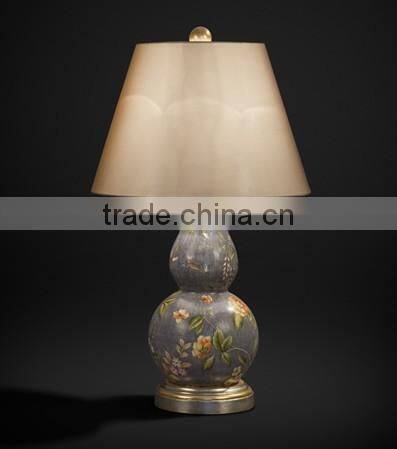 Hand Painting Antique Table Lamp With Shade, Imitated Calabash Desk Lamp, Cobalt Blue Carved Wooden Decor Lamp