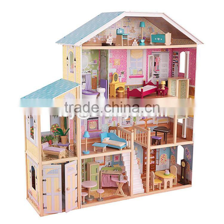 New design luxurious and attractive 34 furniture pieces girls wooden doll house toys W06A217