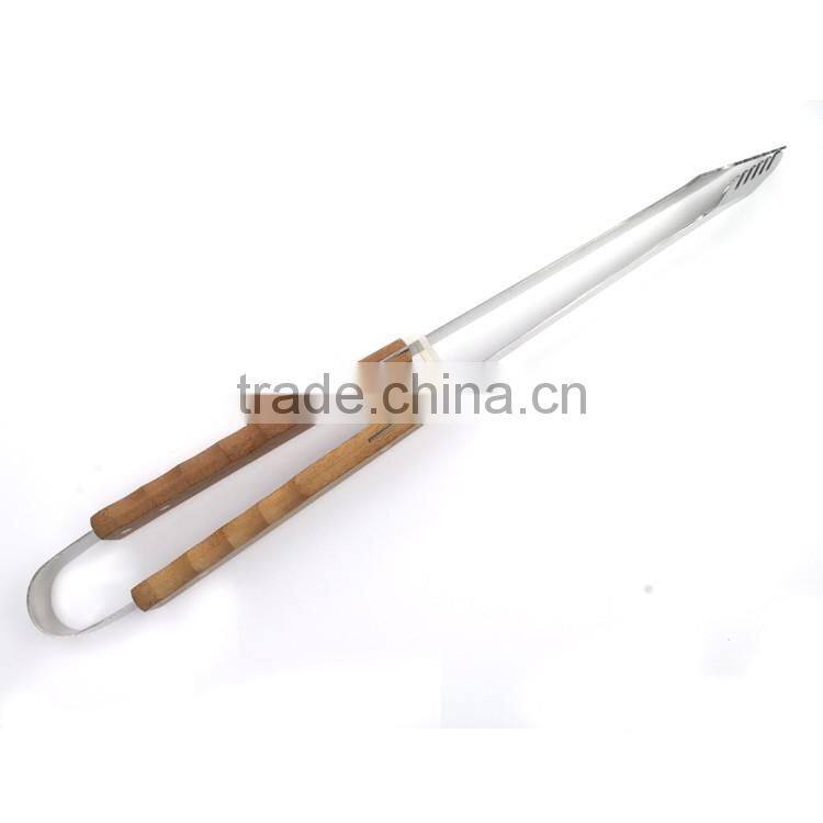 Daily useful cheap kitchen stainless steel bbq food tong with bamboo handle