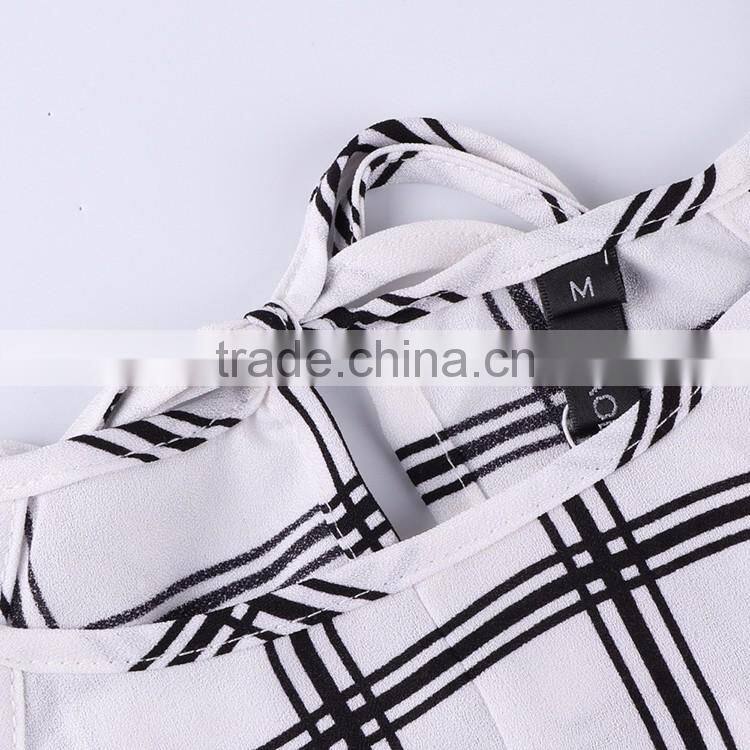 HAODUOYI Women White Plaid Print Lace Up Romper