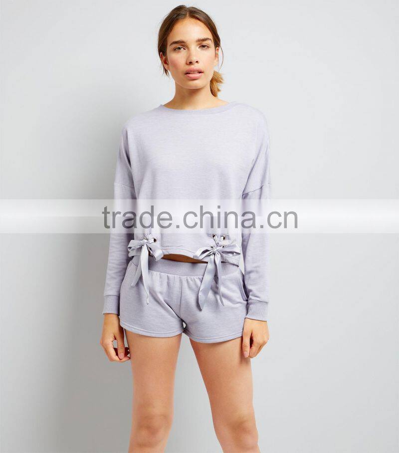 Lilac Lace Up Lounge Sweatshirt Drop Shoulder Side Eyelet With Short Pants Cuffed hem Soft Jesery Sweater
