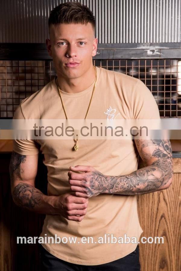 2017 hot new products 95% cotton 5% elastane t shirt mens longline curved hem muscle fitted t-shirt longer drop gym t shirt