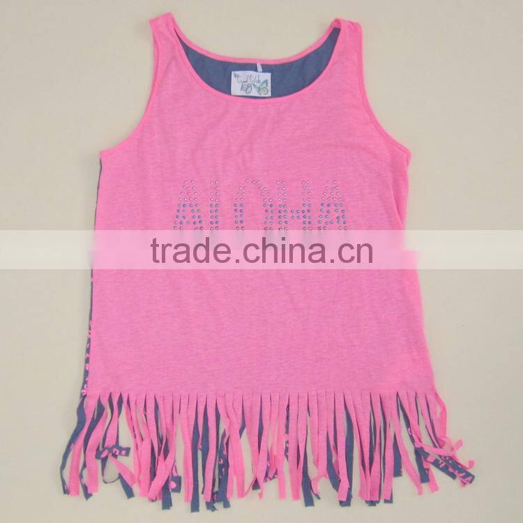 R&H Pink Macrame Tassels Cotton Casual Point Printed Girls Tank Top