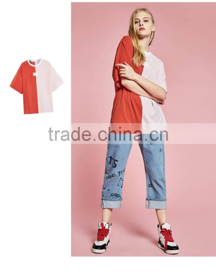 2017 fashio cool women oversized 100% cotton two tone t-shirt streetwear hip hop skateboard t shirt