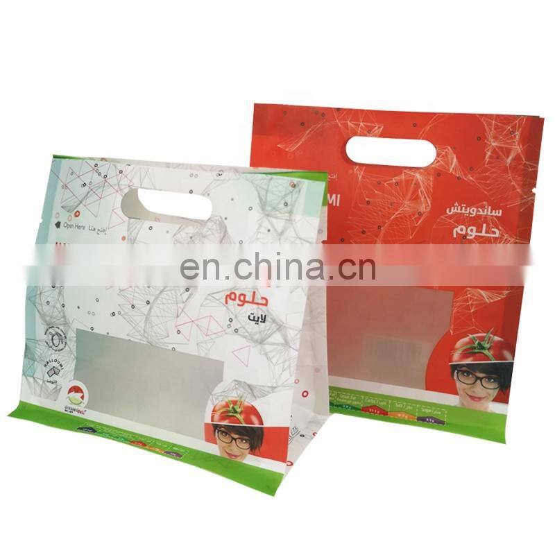 Heat seal flat bottom packing pouch mylar food custom printed sandwich bag transparent plastic packaging with hanging hole