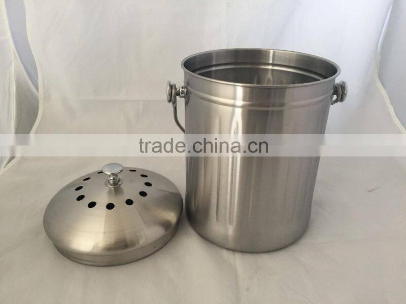 6L large Stainless Steel Compost Pail bucket with Carbon filter and portable handle