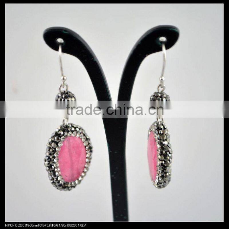 LFD-046E Wholesale Pave Rhinestone Pink Agate Stone Charms Dangle Earrings Jewelry Making
