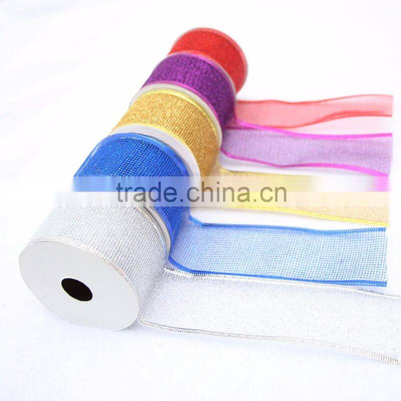 merry christmas wired edge mesh fabric christmas ribbon for christmas trees decorative large size small packing factory price