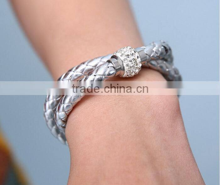2014 leather bracelet, crystal rhinestone bracelet, leather rhinestone bracelet, genuine leather womens magnetic bracelet