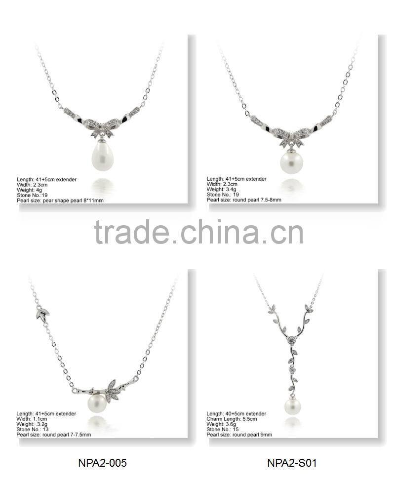 NPA2-001Butterfly Shape 925 Sterling Silver necklace CZ Stones & Pearl