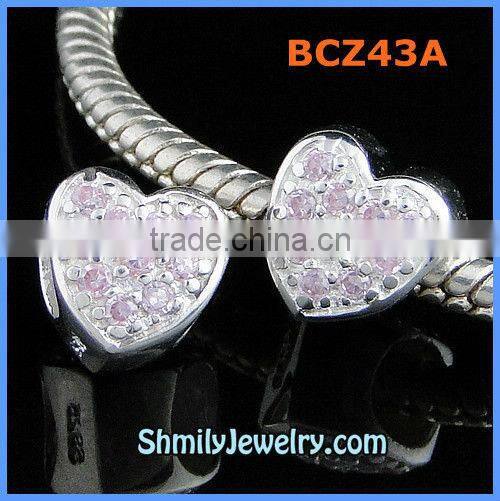 Wholesale Pink CZ Rhinestone Sterling Silver Heart Beads BCZ43A
