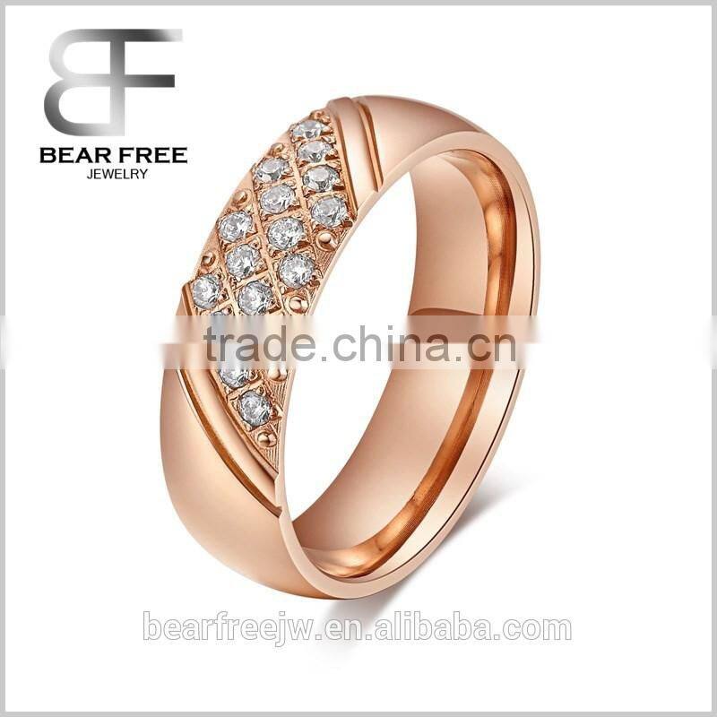 Korea Style Diamond Solitaire Women's Spikes Stainless Steel Engagement Rings Terminal Rose Gold Plated CZ Stripes for Ladies