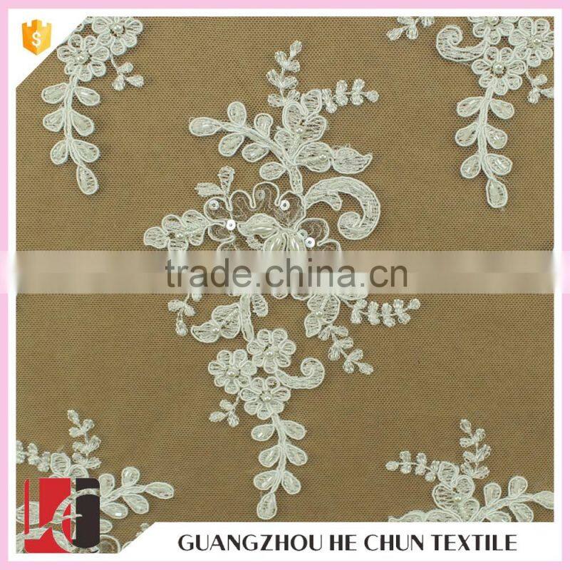 HC-6189-1 Hechun 2016 Latest Fashion Sewing Sequin Pearl Beaded Wholesale Tulle Bridal Lace Fabric