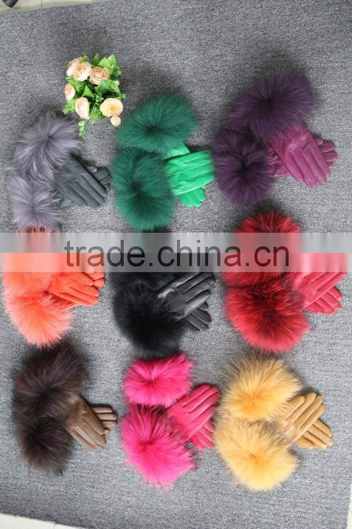 Fashion lady leather glove fur cuff glove fox leather glove hot sale