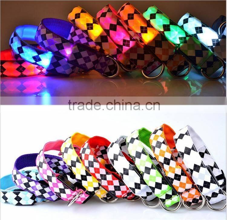 Safety Rhombus Pattern Collar Light Night Up Nylon LED Adjustable Collars S M L XL