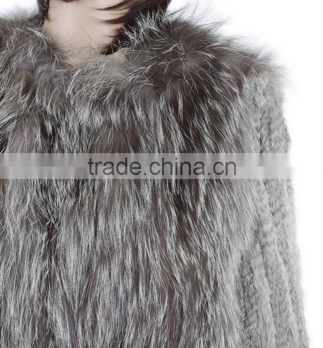 High quality knitted fur coat with rabbit/silver fox fur/high fashion fur style for ladies KZ150105