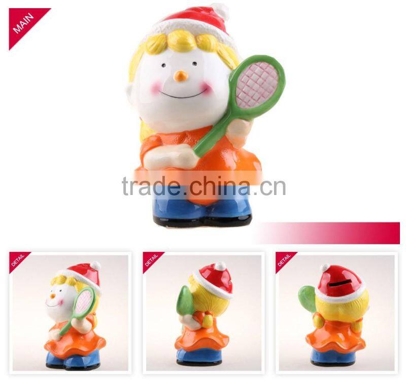Hot selling tennis racket shape lovely ceramic saving bank