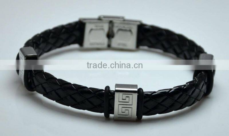 Handmade Leather Bracelets Braided Accessory Stainless Steel Loop Carved Chinese Picture Black Circle Mens Braided Bracelets