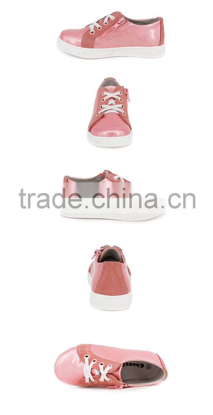 High Quality Custom Logo Fashion Lace-up Pink Leather Girls Sneakers