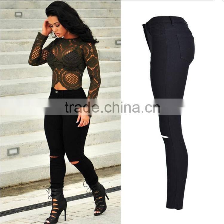 Alibaba China 2016 Summer Fashion Women Black High Waist Leggings Ladies Knee Holes Pencil Skinny Ripped Jeans Wholesale Price