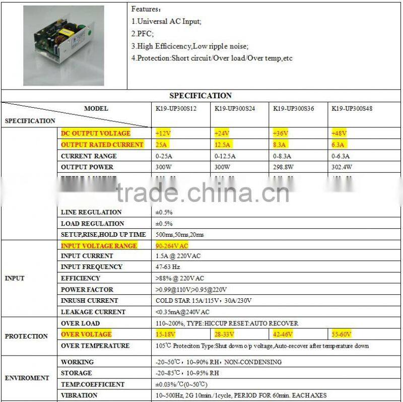 220V to 24V Transformer AC/DC KAIHUI Open Frame Led Switching Power Supply 300W Led Grow Light Driver 24V