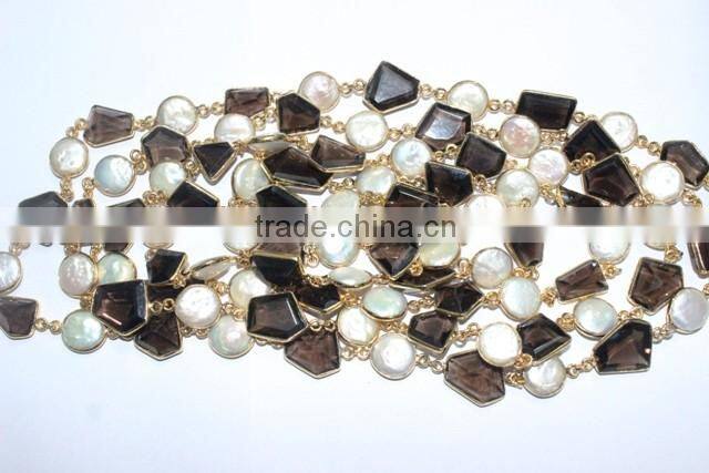 Smoky Quartz Fresh water Pearl Fancy Bezel Setting Chain