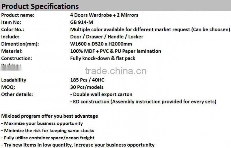 MDF Furniture Wardrobe 4 Doors With Mirror, modern bedroom furniture, wardrobes armoires, mdf wardrobe designs closet armoire