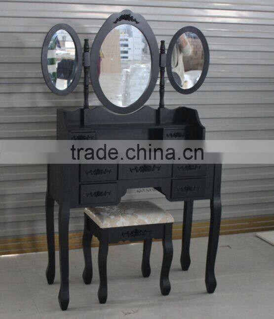 Elegant Black Dressing Table with Stool, 7 Drawers and 1 Oval Mirror