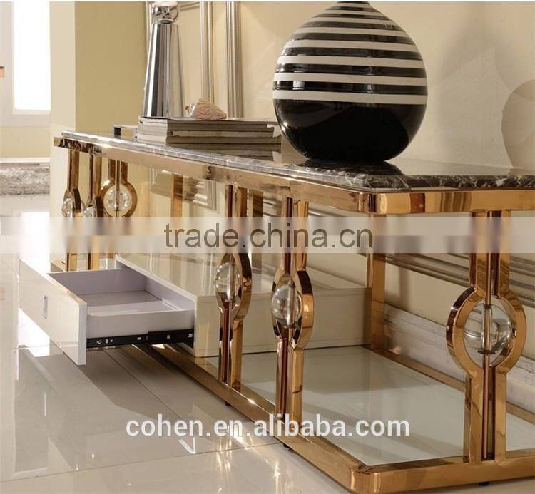 Factory price stainless steel high gloss tv stand marble top for living room furniture E818G