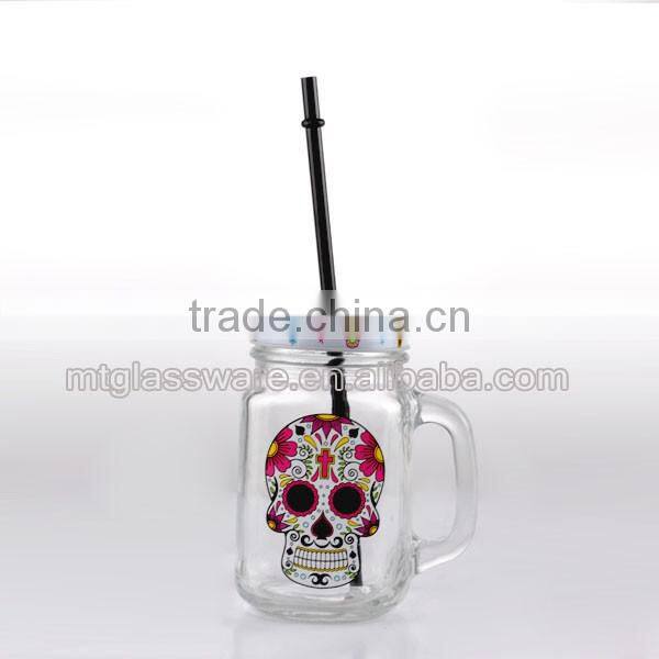 16oz Halloween White Smile Skull decal glass mason jar drinking water glass cup