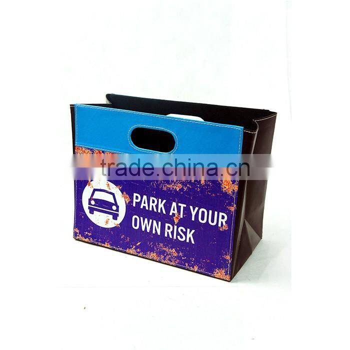 Foldable Faux Leather Storage Bin With Two Handles, Durable Open Storage Basket