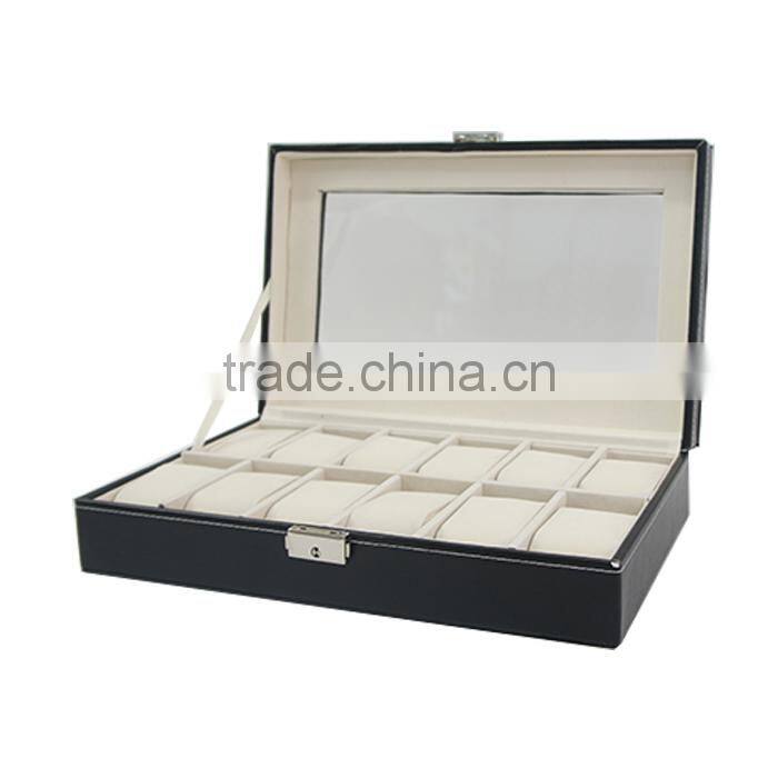 Black Leather 12 Mens Watch Box Glass Top Watch Display Case Organizer