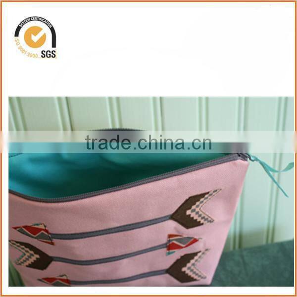 Flag/Bunting Applique Makeup Bag/ Zipper Pouch: Natural Canvas with Yellow and Pink Floral By Chiqun Dongguan CQ-H01081