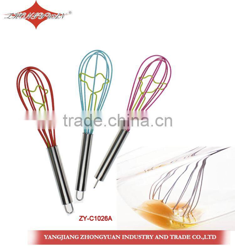 ZY-C1027A 8-inch colorful egg beater mini silicone coated wires egg whisk with plastic handle