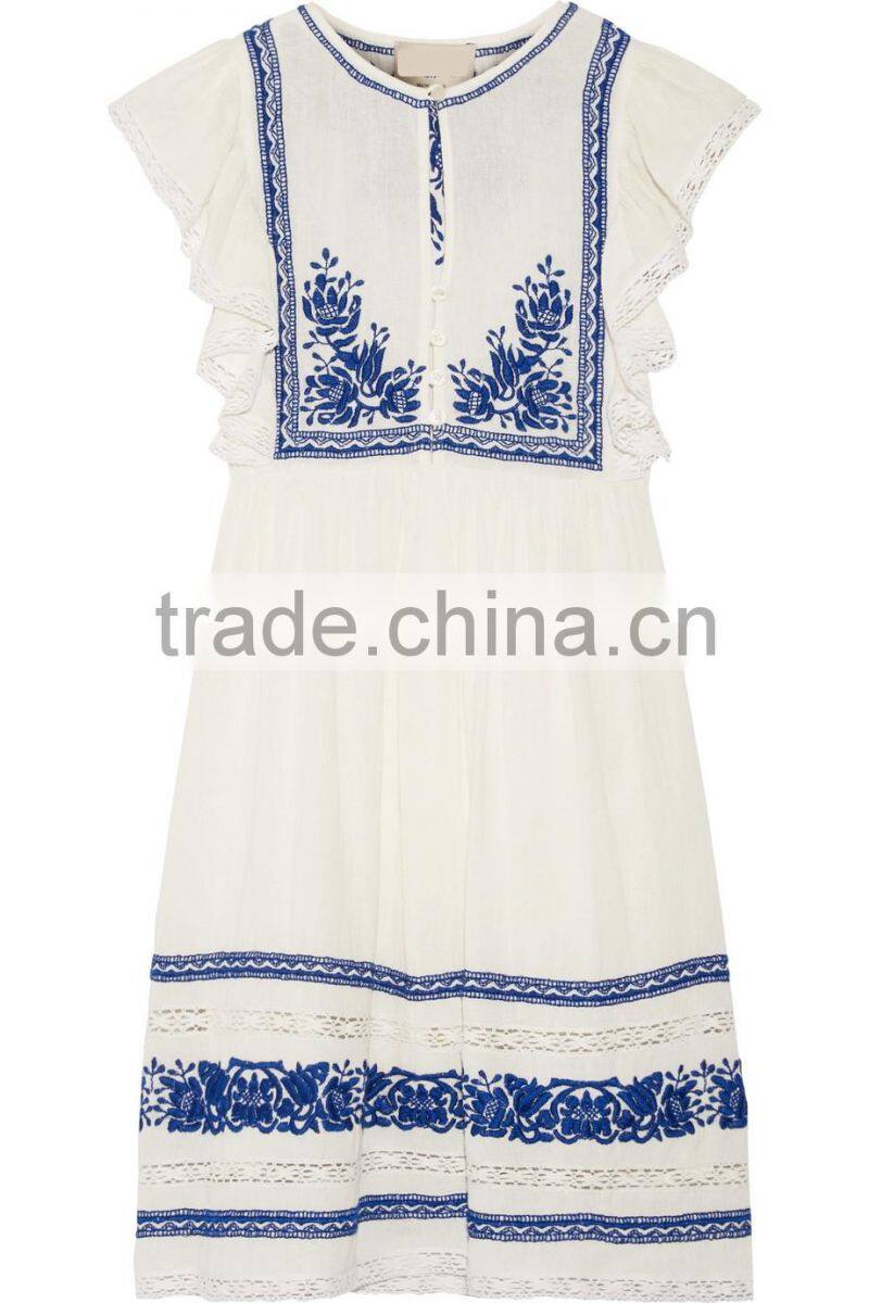 Boho crochet-trimmed computerized machine embroidery cotton-gauze mini dress western dresses names HSd5260
