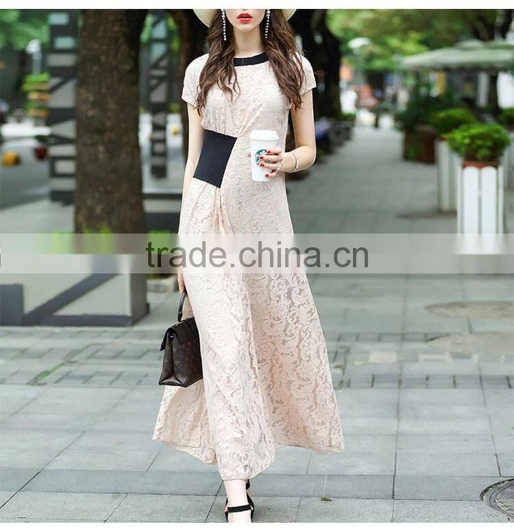 Maxnegio fashion lace patchwork maxi short sleeve lace casual dress
