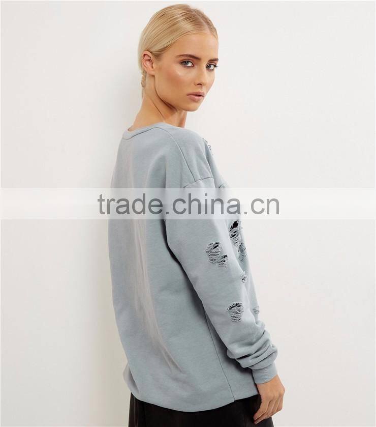 Women Oversized Boyfriends Ripped Sweatshirt Plain Grey Distressed Pullover Drop Shoulder