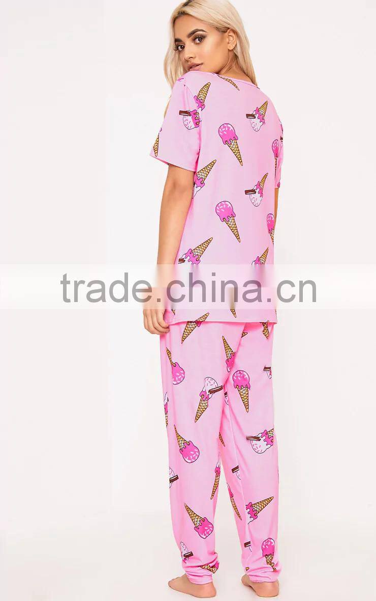 Custom Full Print Women Long PJ Set All Over Print Ladies Sleepwear Pink Ice-cream Print Pajamas Set